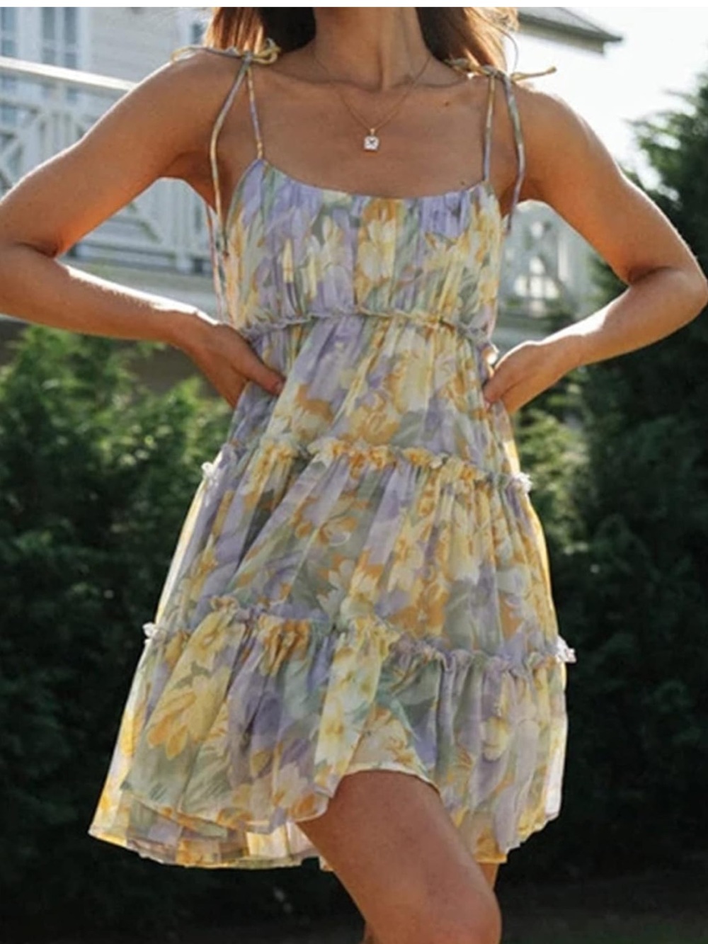 Tiered Floral Midi Dress in Pastel Yellow & Green